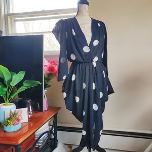Vintage 70s Polka Dot Black White Puff Sleeve Deep V Neck Pointed Hem Dress